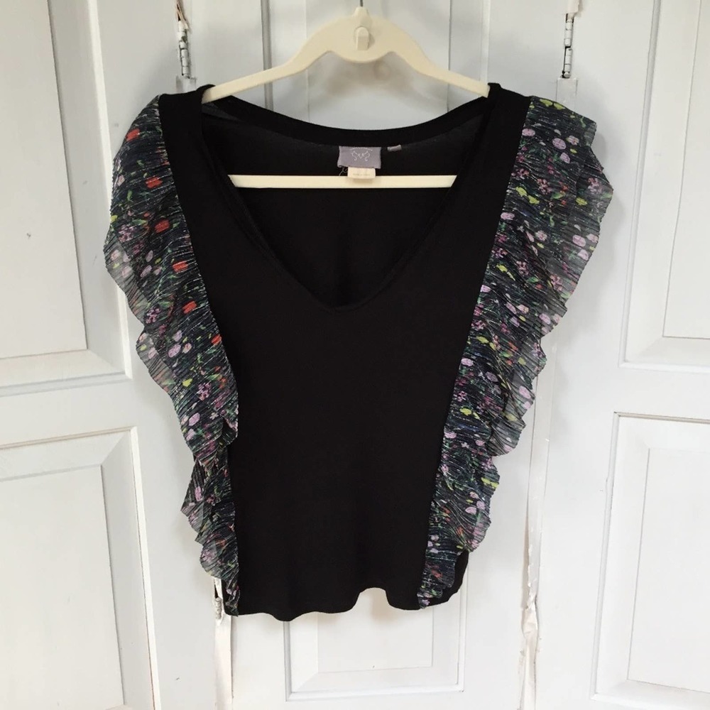 Anthropologie Vanessa Virginia Black Top w/ Floral Detail